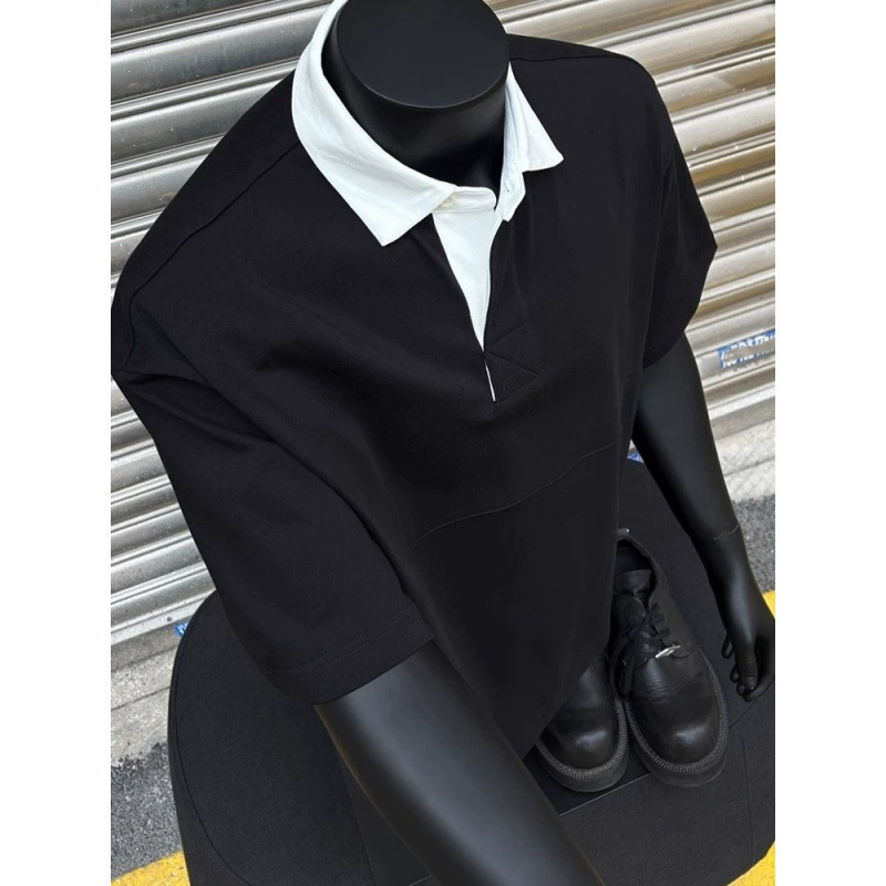 Летняя футболка с короткими рукавами и лацканами 2025, мужская дизайнерская свободная и универсальная рубашка-поло в горном стиле, модная мужская контрастная рубашка-поло