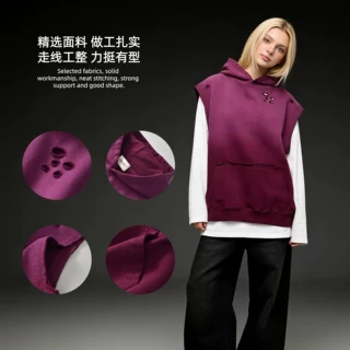 连帽情侣款男女大口袋重磅水洗破洞宽松休闲夏季薄款背心马甲定制