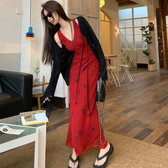 红色浪漫碎花V领背心连衣裙女夏季新款垂感时尚收腰显瘦小众长裙