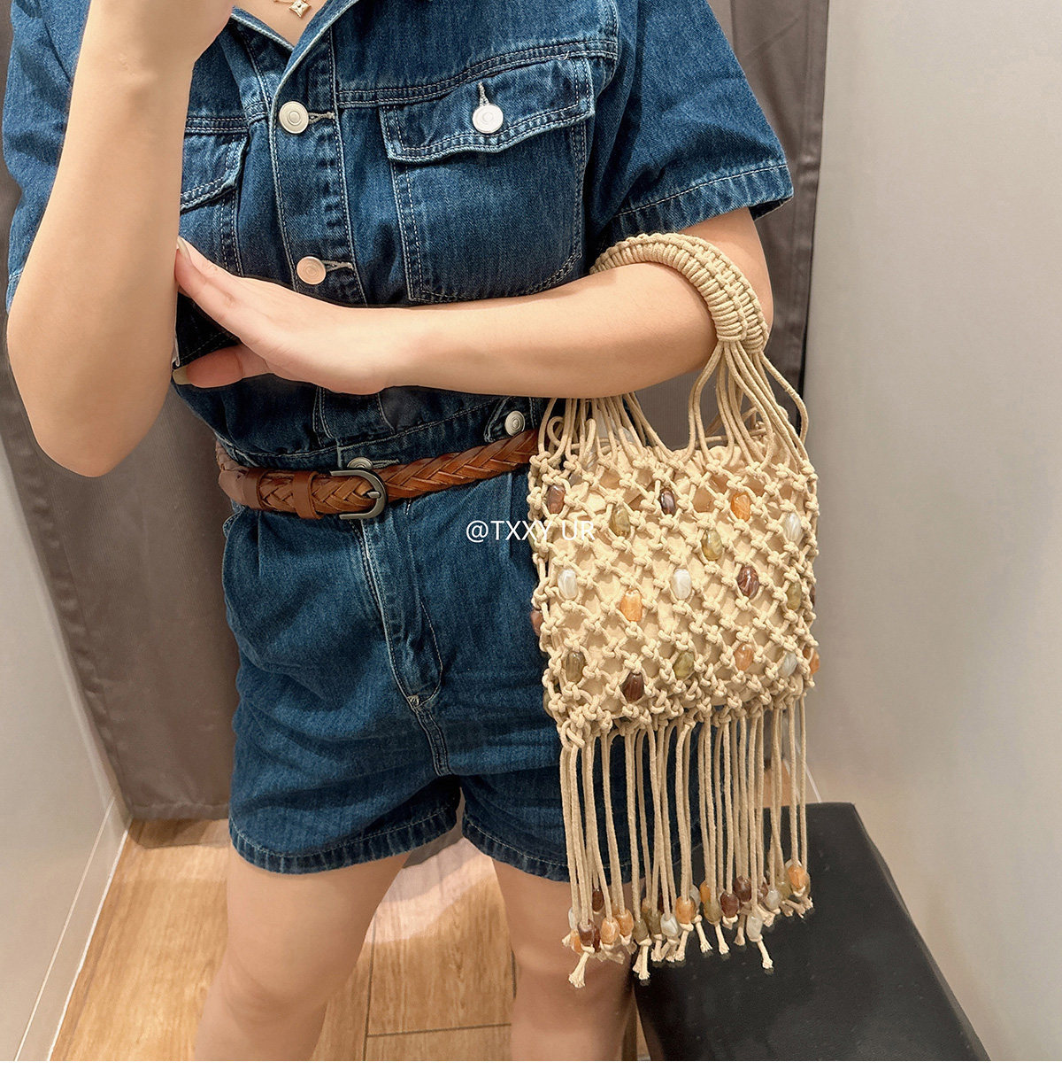 Túi xách tay nữ tua rua đính cườm lưới dệt phong cách thời trang — màu kaki chi tiết 9