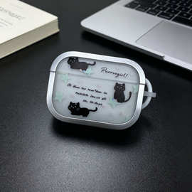 卡通电镀相框黑色小猫适用苹果蓝牙耳机壳AirPods4蓝牙Pro2/3