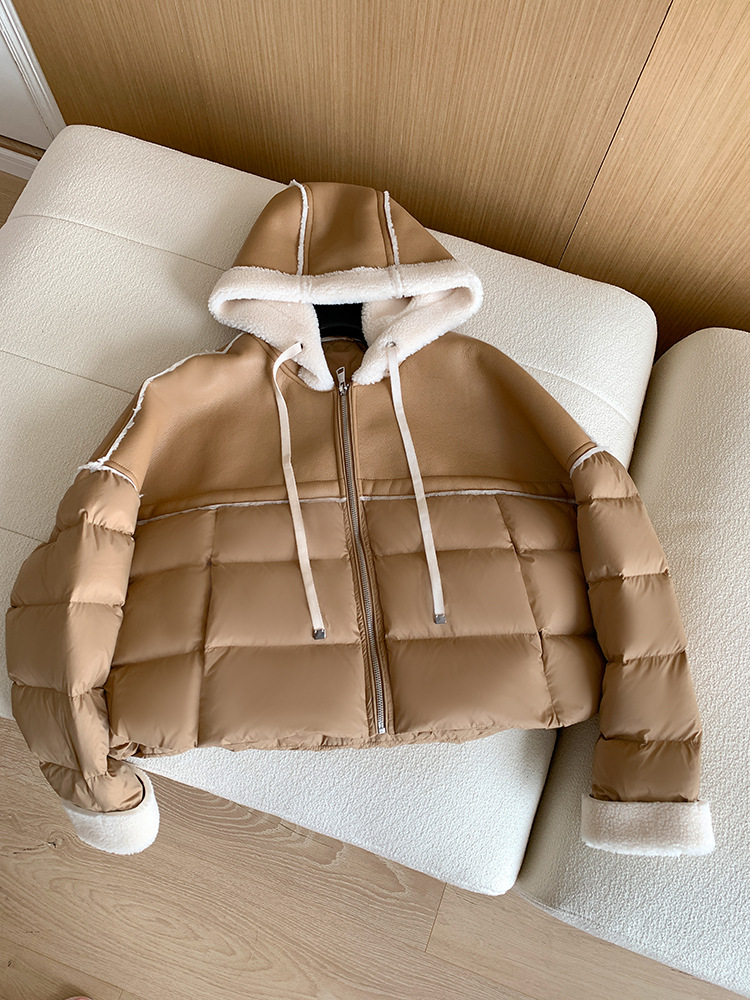 Giacca corta europea in piumino per donna stile corto cuciture colore a contrasto pelle PU leggera lusso alta qualità maglione largo 2024 nuovo inverno_voghion.com