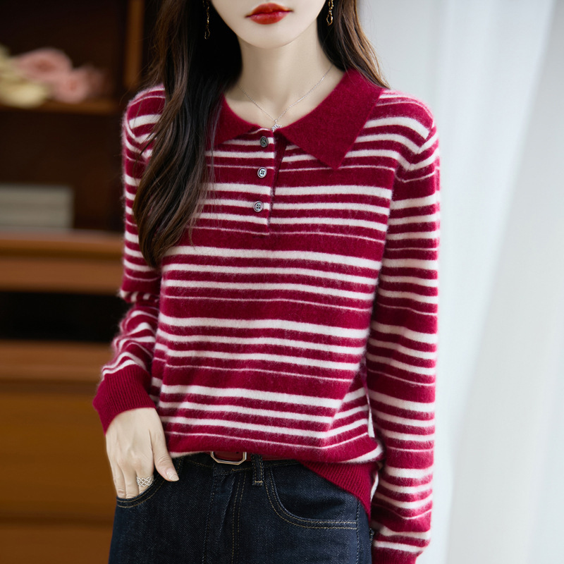 翻领拼色条纹100纯羊毛针织衫女秋冬内搭毛衣长袖女装打底衫上衣|undefined