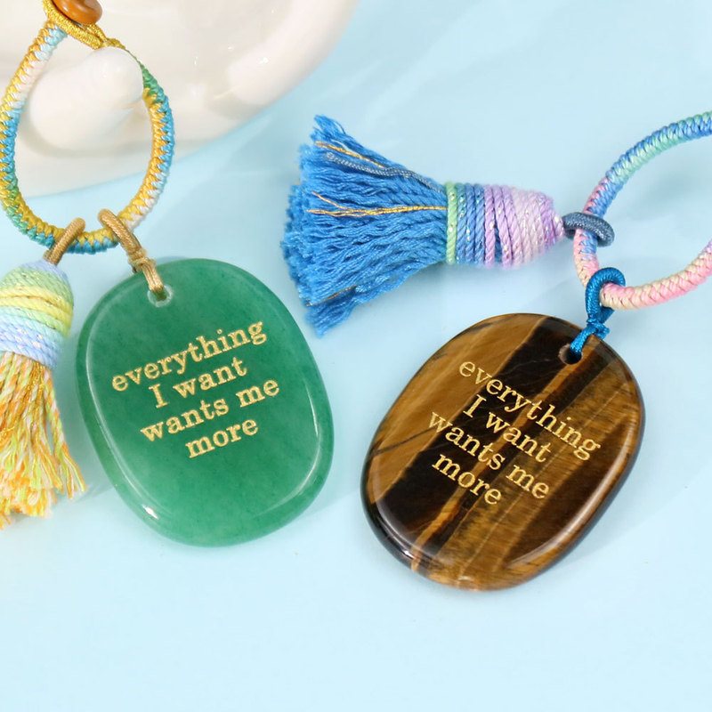 Natural Pink White Crystal Meditation Agate Power Encouragement Stone with Engraved Text DIY Cup Pendant Bag Pendant Keychain Accessory