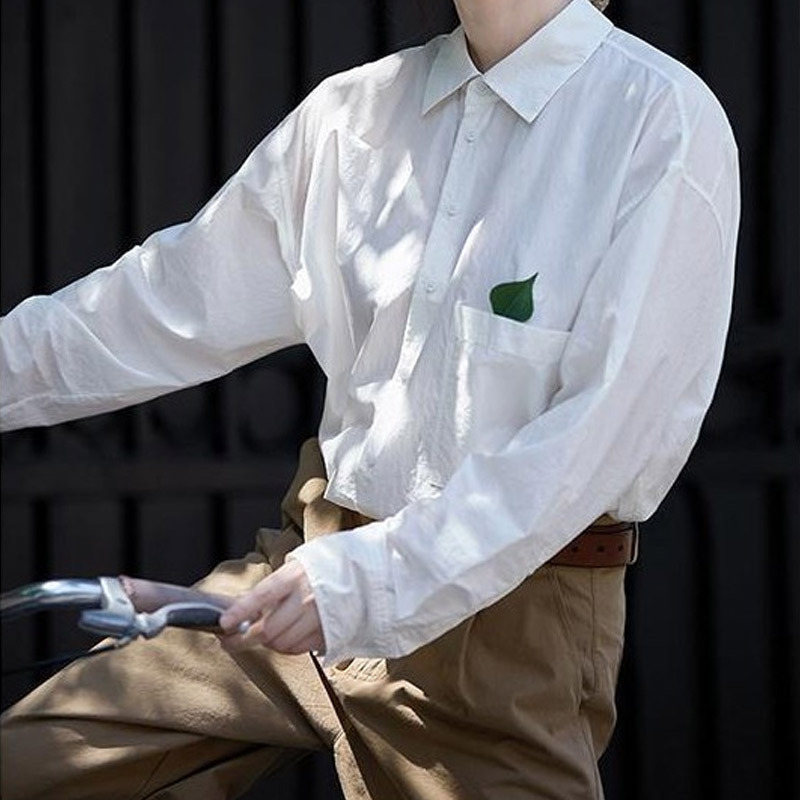 Spring and Autumn 120 Count Fine Pima Cotton Q-Feel Lapel Long Sleeve Loose Youth White Shirt 5692