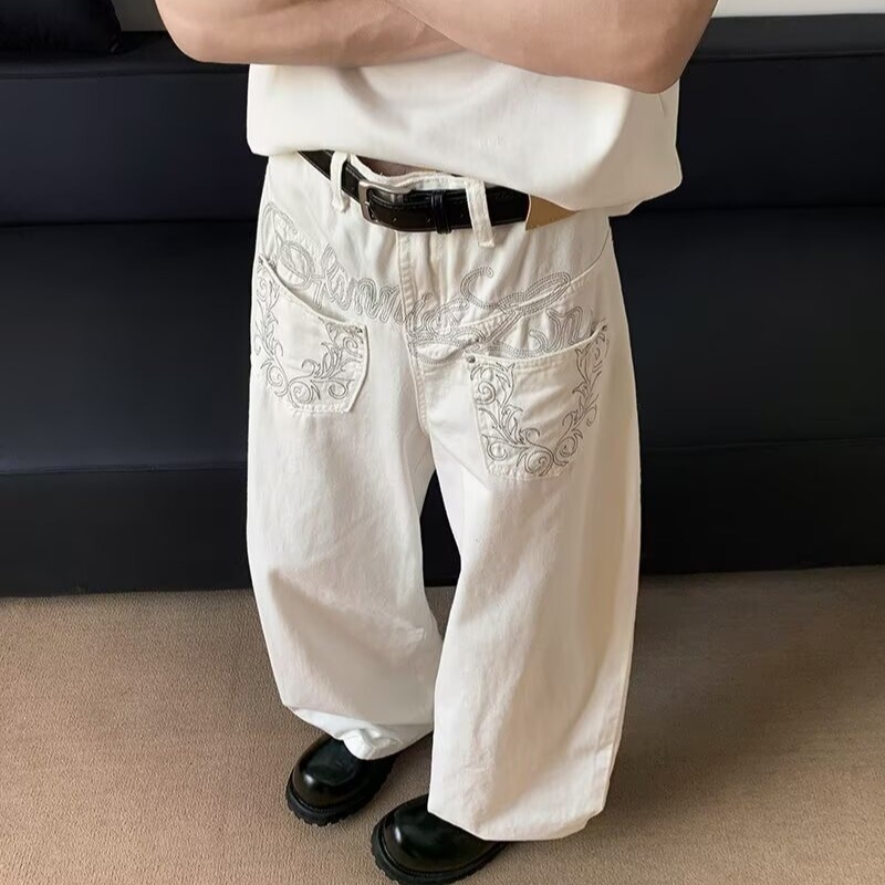 European and American High Street Jeans Men's Design Loose Straight Youth Wide Leg Casual Bf Washed Daddy Pants