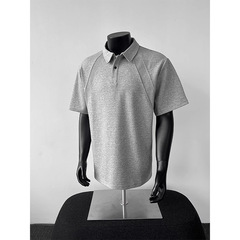 アメリカンショルダー半袖ポロシャツメンズ2025夏ヘビーシャツラペルTシャツラグランスリーブメンズ半袖
