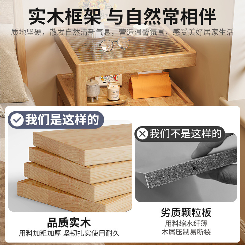 Mesa de cabecera de madera maciza viento de madera pequeña casa dormitorio lado creativo 2025 nuevo gabinete de cabecera mesa muy estrecho gabinete