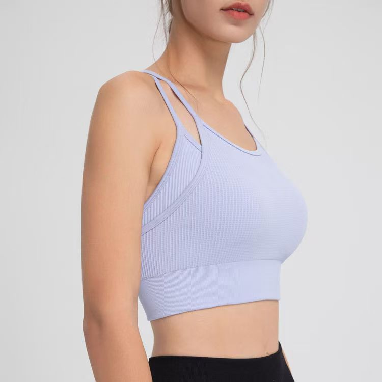 Falso de dos piezas correa de hombro delgada belleza de espalda ropa interior deportiva femenina a prueba de choque correr yoga ropa de fitness chaleco bra image 4