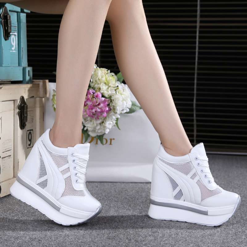 White Height Increasing Women's Shoes 10cm Super High Heeled Thick Bottom Wedge Heeled Mesh Sports Mesh Shoes Breathable Casual Shoes for Students