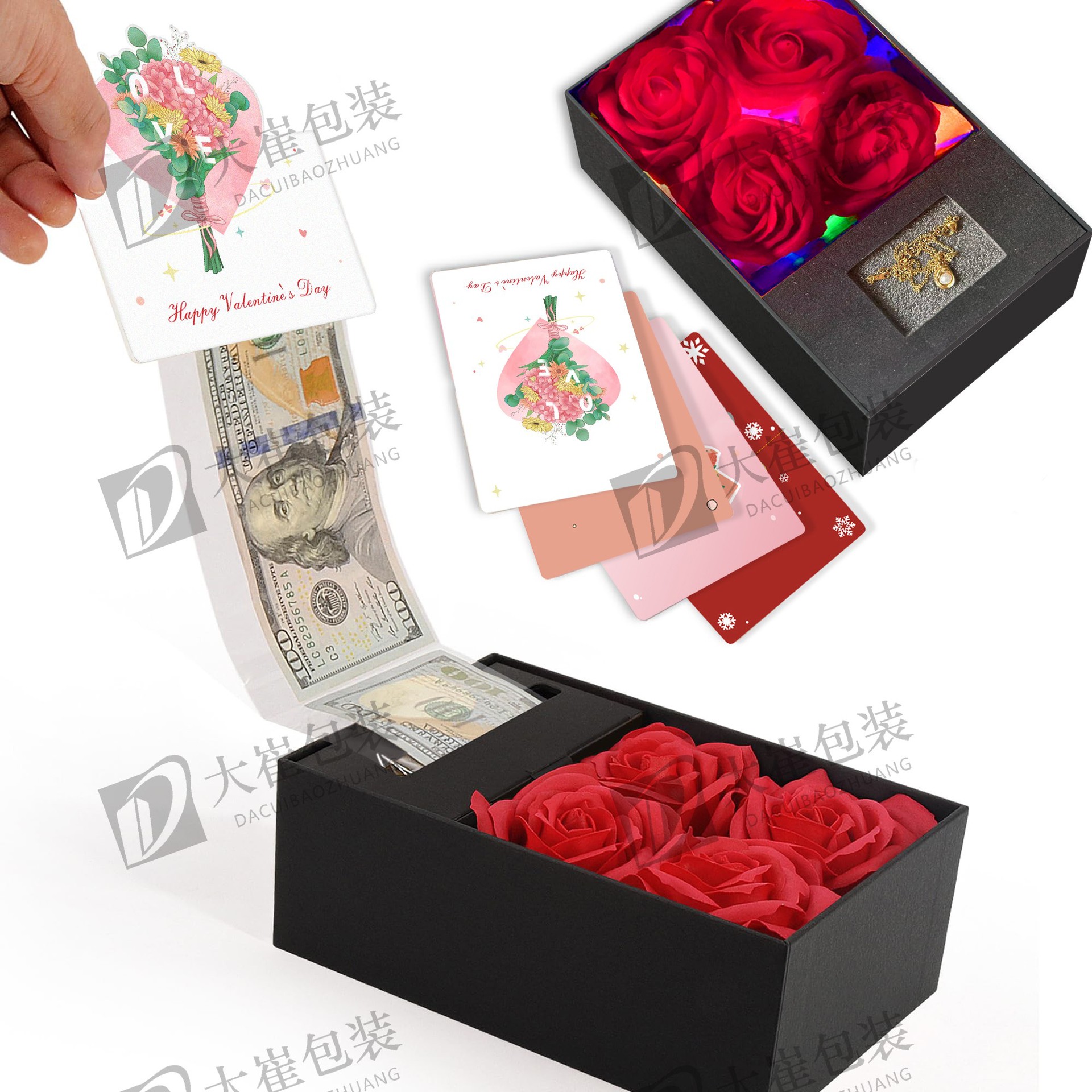 黑色盒子（含5朵玫瑰花，4张贺卡，一个灯带，30个袋子）