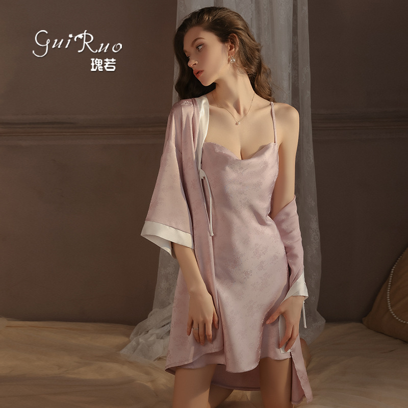 Guiruo Sexy Satin Jacquard Swing Collar Backless Temptation Buckle Cardigan New Chinese Style Home Clothes suit 4687