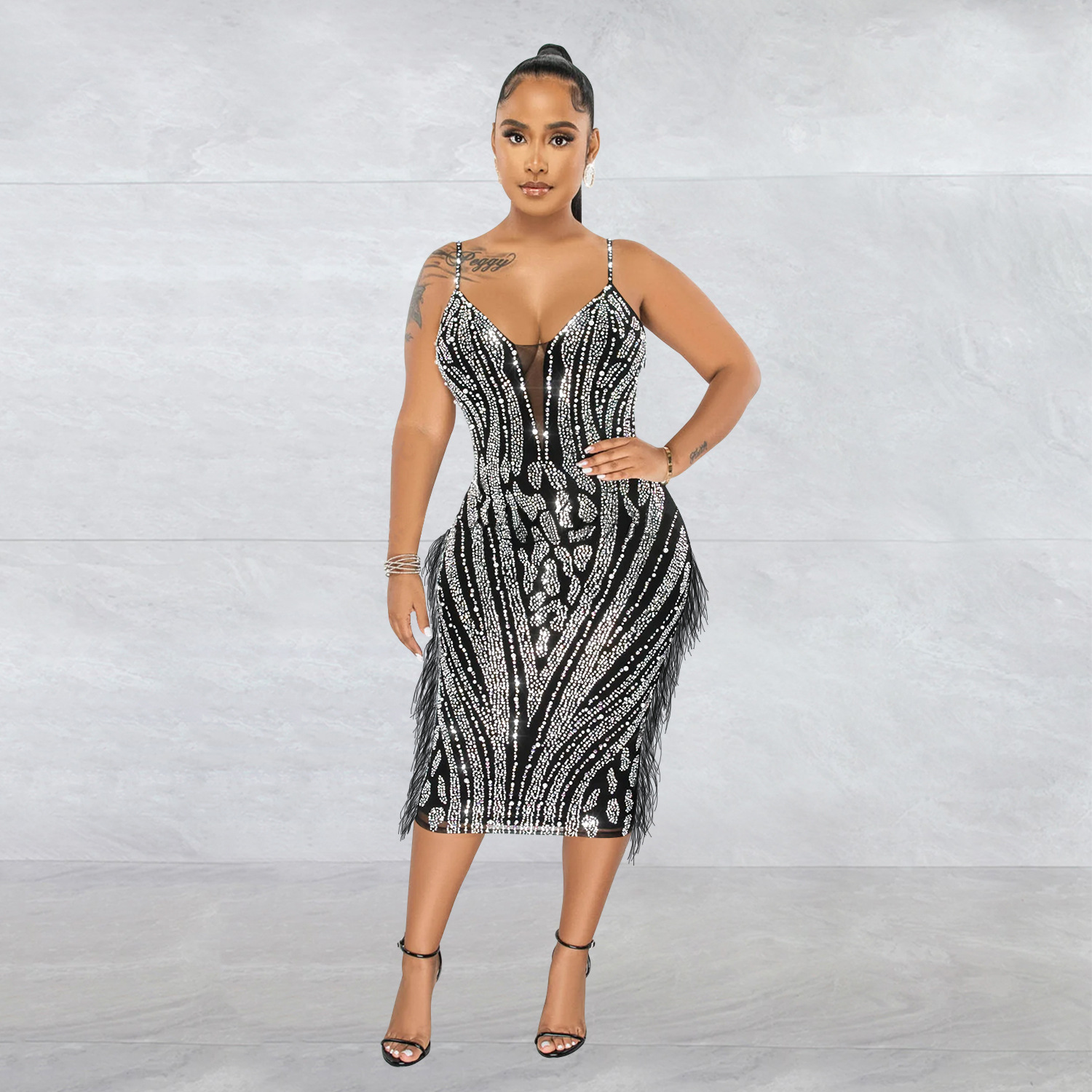 C6273 AliExpress Amazon moda europea y americana de las mujeres color sólido Sling sin mangas malla caliente perforación vestido image 2