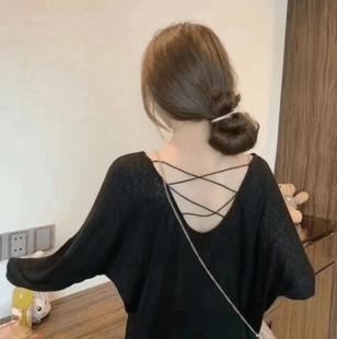 2025 New Summer Style Sexy Backless Loose Ice Silk Sunscreen Long-Sleeved Top Pure Color Mid-Length Design T-Shirt