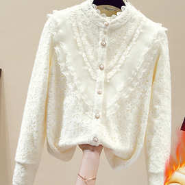 品牌折扣女装剪标专柜撤柜外贸秋冬半高领蕾丝加绒长袖打底衬衫女