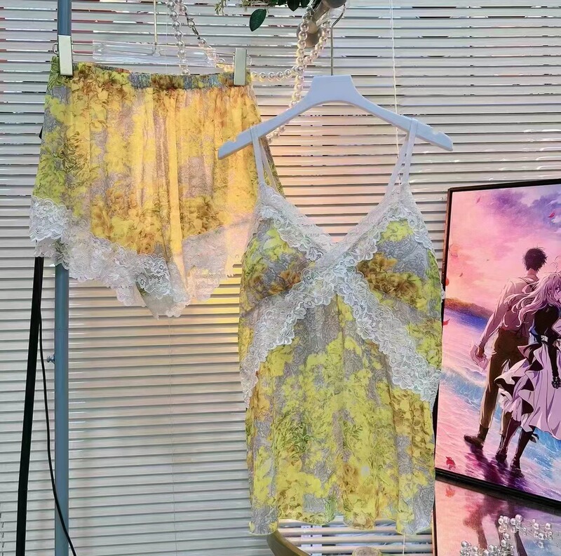 Tiktok New 2026 Yellow Camisole Shorts Ice Silk Pajamas Silky Loungewear High-End Nightdress Tiktok New 2026 Yellow Camisole Shorts Ice Silk Pajamas Silky Loungewear High-End Nightdress