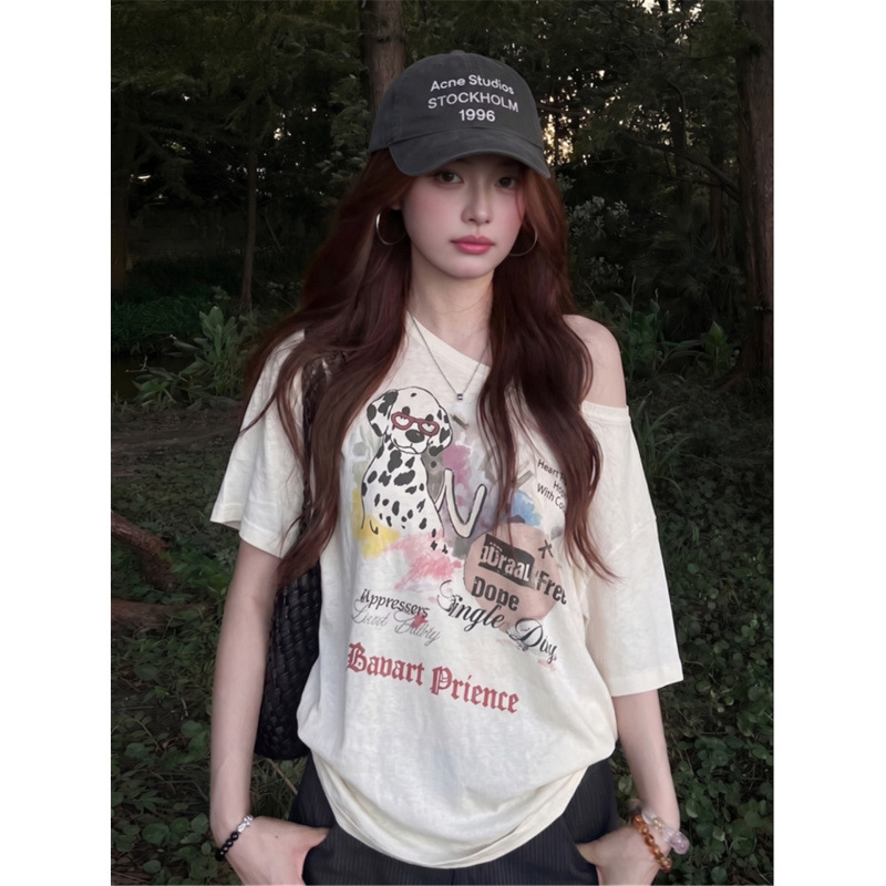 In-Stock Lyocell Korean-Style Dog Print One-Shoulder Short-Sleeve T-Shirt for Women, Summer Loose Casual Style, Trendy Off-Shoulder Top In-Stock Lyocell Korean-Style Dog Print One-Shoulder Short-Sleeve T-Shirt for Women, Summer Loose Casual Style, Trendy Off-Shoulder Top