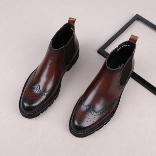 Men's boots, high-top shoes men, sleeve, carved, European style, cowhide, small size 37