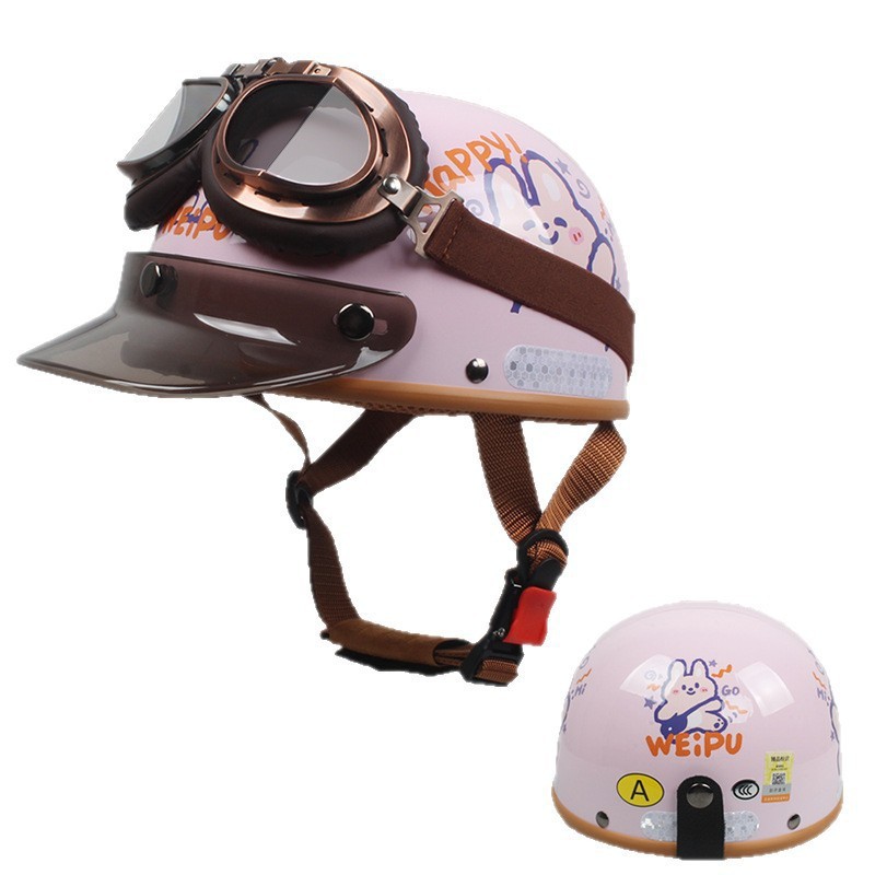 Electric motorcycle helmet: Universal Motosiklet kaskı (dəbilqə) - macaron-pink-hello-rabbit-bronze-tea-glasses