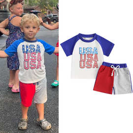 童装外贸跨境欧美新款独立日男童USA印花拼色短袖上衣+短裤两件套