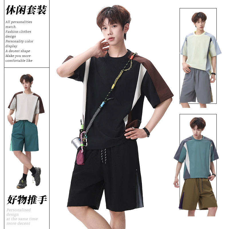 Outdoor Sports Suit, Fashionable Summer Color-Blocked Short-Sleeved T-Shirt, Men's Round-Neck Pullover, Loose Trendy Brand Top Outdoor Sports Suit, Fashionable Summer Color-Blocked Short-Sleeved T-Shirt, Men's Round-Neck Pullover, Loose Trendy Brand Top