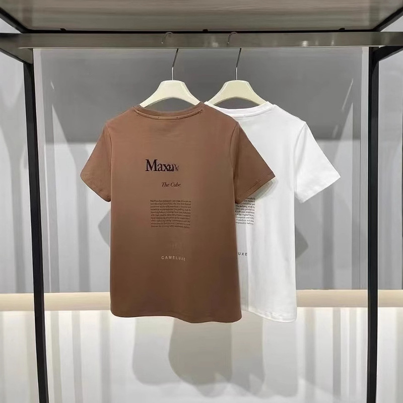Max New Double-Sided Camel Print Letter Round Neck Short-Sleeved T-Shirt for Women in Summer, Loose, Stylish and Versatile Half-Sleeved Trend