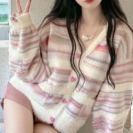 Autumn and Winter New Rainbow Striped Soft Sweater Sweet Outerwear Knitted Cardigan for Women Small Fragrance Style Fluffy Cardigan