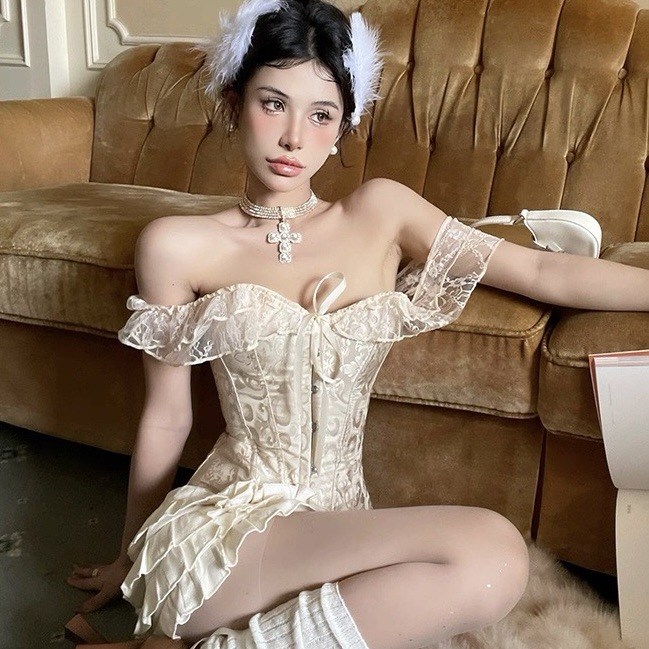 Moda de la niña encaje cinturón de hombro de manga corta vestido de novia Europa y América chaqueta de plástico corte cinturón