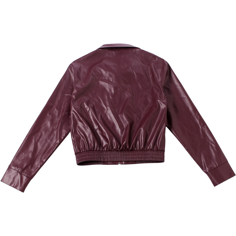Autumn Winter Collared Zipper Solid Color Casual Poly Urethane Leather Stitching Long Sleeve Coat