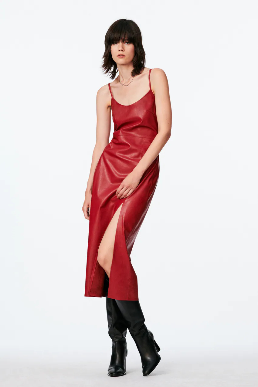 red imitation leather sleeveless slit suspender dress nihaostyles wholesale clothing NSAM85306