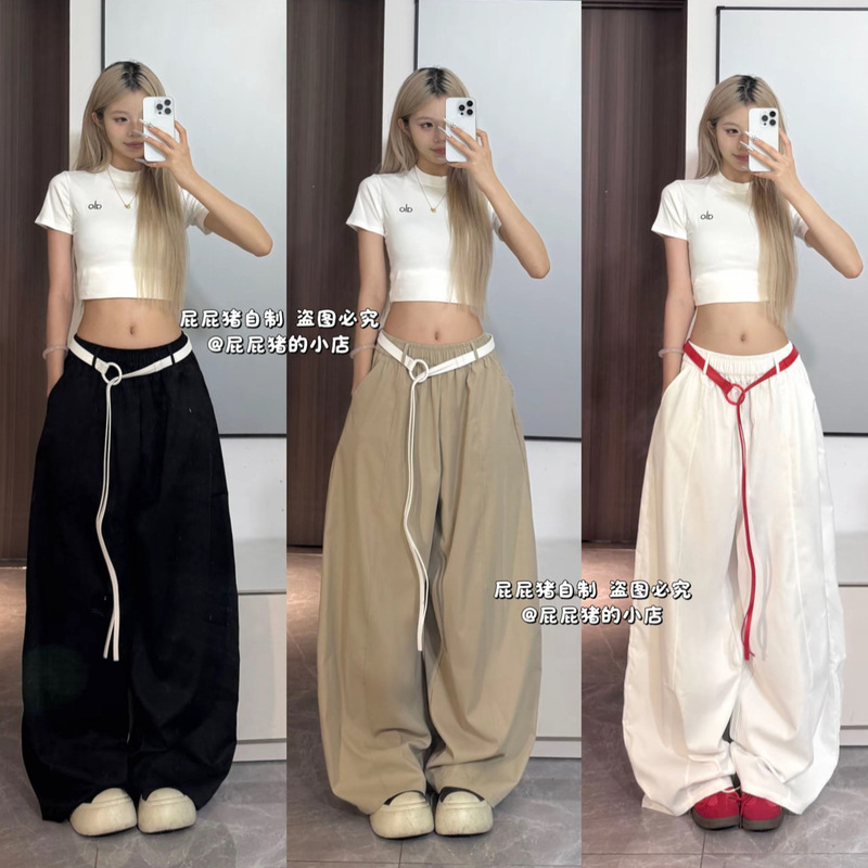 美式复古黑色休闲裤女2025秋季新款高腰宽松百搭显瘦慵懒风阔腿裤|undefined