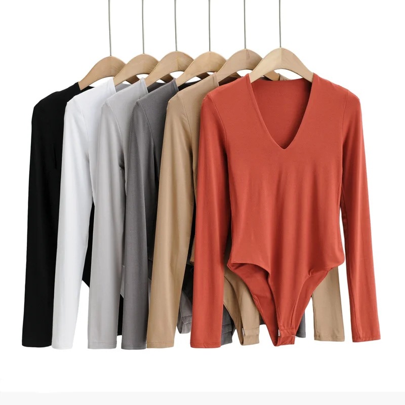 V-neck solid color long-sleeved jumpsuit NSHS29325
