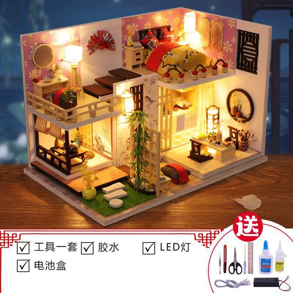 Bamboo maple house+tools+glue+led lights
