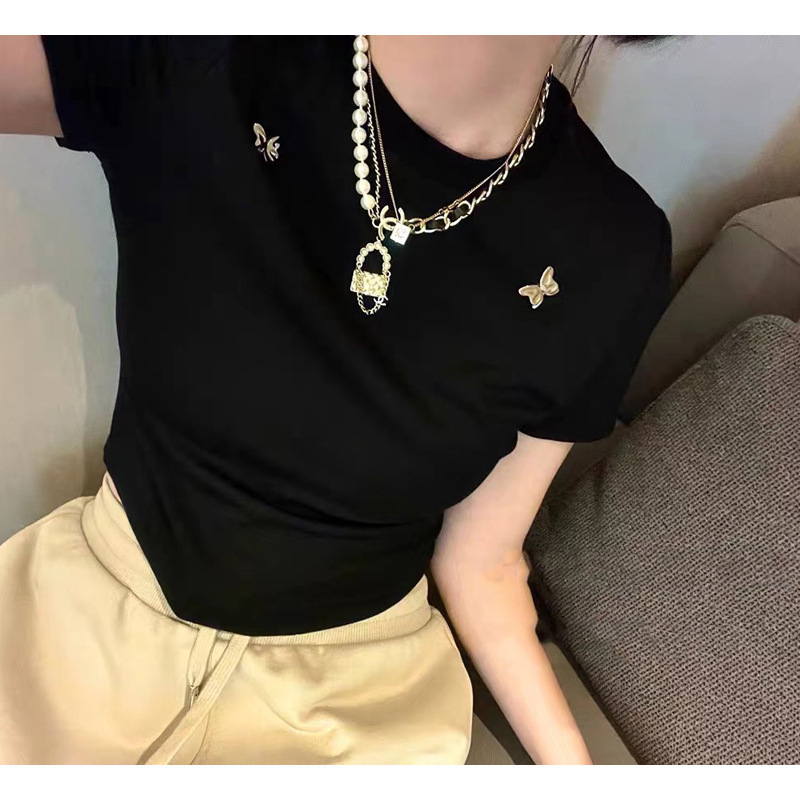 [Clearout No Returns or Exchanges] Fashionable Hot Girl Wear Metal Butterfly Slim Short Sleeve T-Shirt for Women