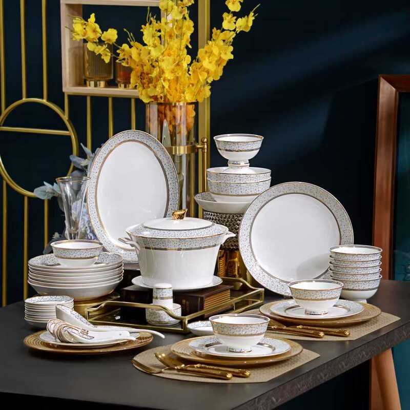 Yubao Fang Bone China Dinnerware Set High-End Embossed Light Luxury High-Grade Hotel and Home Use Housewarming Bowls and Plates Yubao Fang Bone China Dinnerware Set High-End Embossed Light Luxury High-Grade Hotel and Home Use Housewarming Bowls and Plates