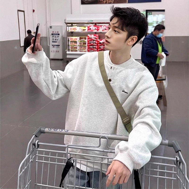 Henry Collar Sweatshirt Men's Spring & Fall Hooded American Cleanfit Bottoming Shirt Loose Trendy Brand Long-Sleeved T-Shirt Inner Spring