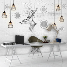 8D北欧麋鹿电视背景墙壁纸现代简约灯饰客厅沙发墙纸壁画影视墙布