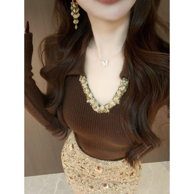 美拉德辣妹穿搭翻领针织打底衫女秋冬设计感纯欲风收腰内搭上衣|undefined