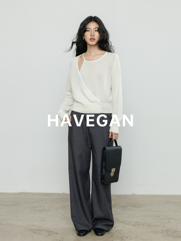 与间HAVEGAN/天丝亚麻针织衫女秋季2025新款解构设计长袖宽松上衣|undefined