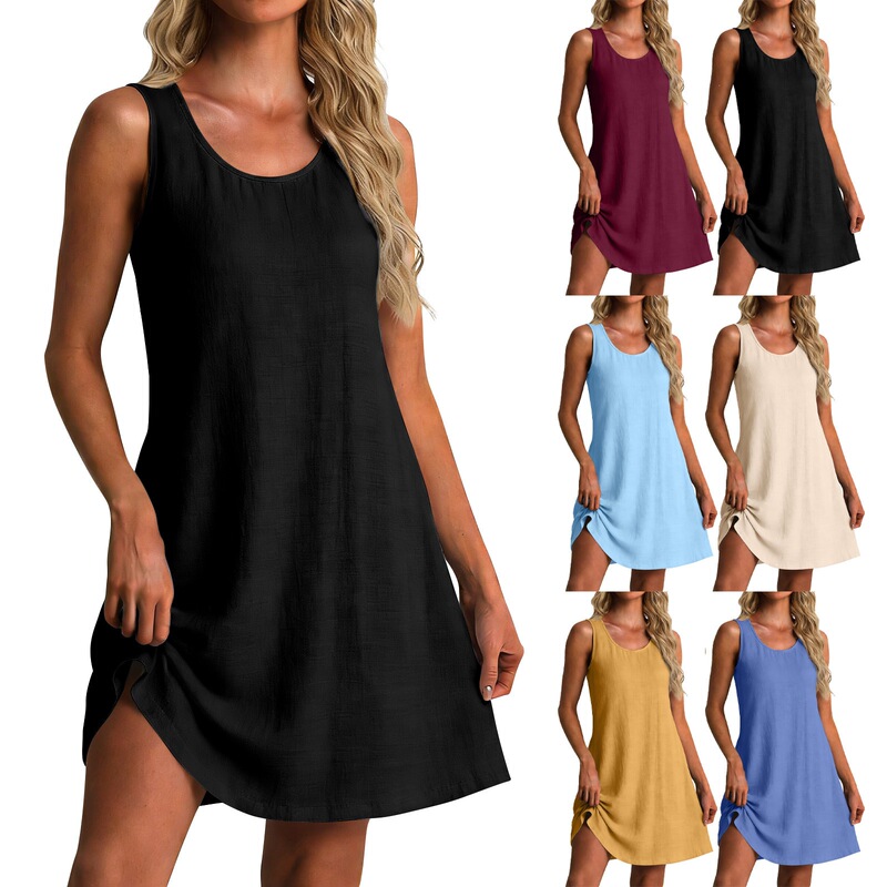 2026 Cross-Border Amazon Independent New Summer Beach Loose V-Neck Sleeveless Cotton and Linen Women's European and American Dress 2026 Cross-Border Amazon Independent New Summer Beach Loose V-Neck Sleeveless Cotton and Linen Women's European and American Dress