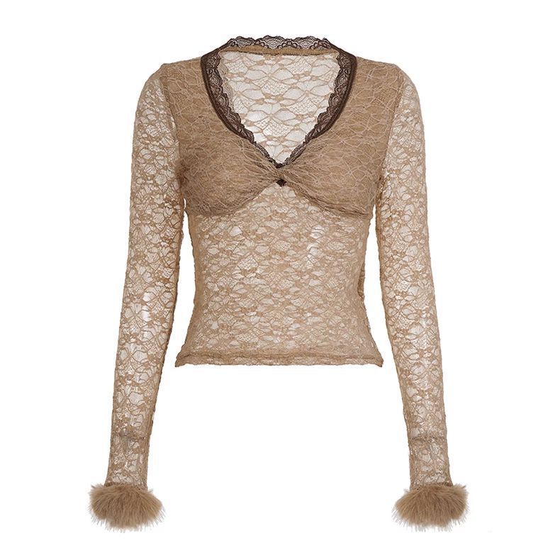 French New Sexy Low-Cut Lace V-Neck Long-Sleeved T-Shirt for Women Autumn and Winter Retro Fur Splicing Sexy Tops