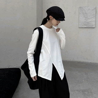 六和四季 秋 设计感开叉长袖T恤打底衫女显瘦不规则圆领针织上衣