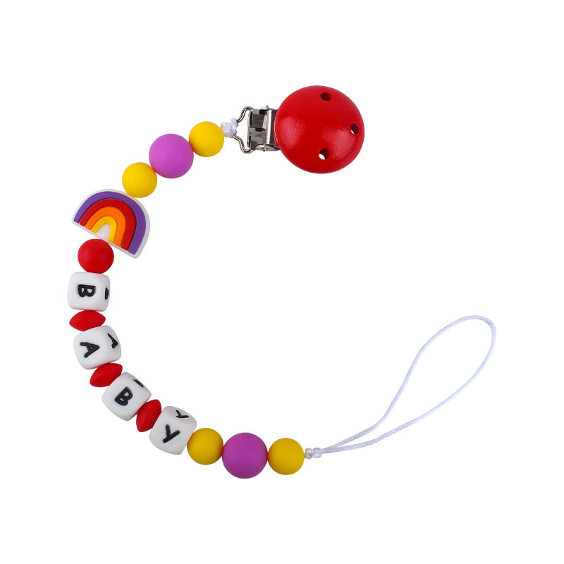 Bebé dibujos animados colorido rojo silicona teether stick teether nuevo bebé nombre pezón cadena anti-caída