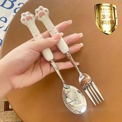 萌猫爪仿瓷304不锈钢餐具勺叉筷子便携式三件套装可爱卡通创意