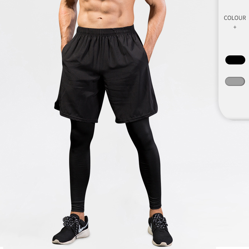 Men's tights fake two-piece fitness sports running training casual stretch quick-drying sports trousers