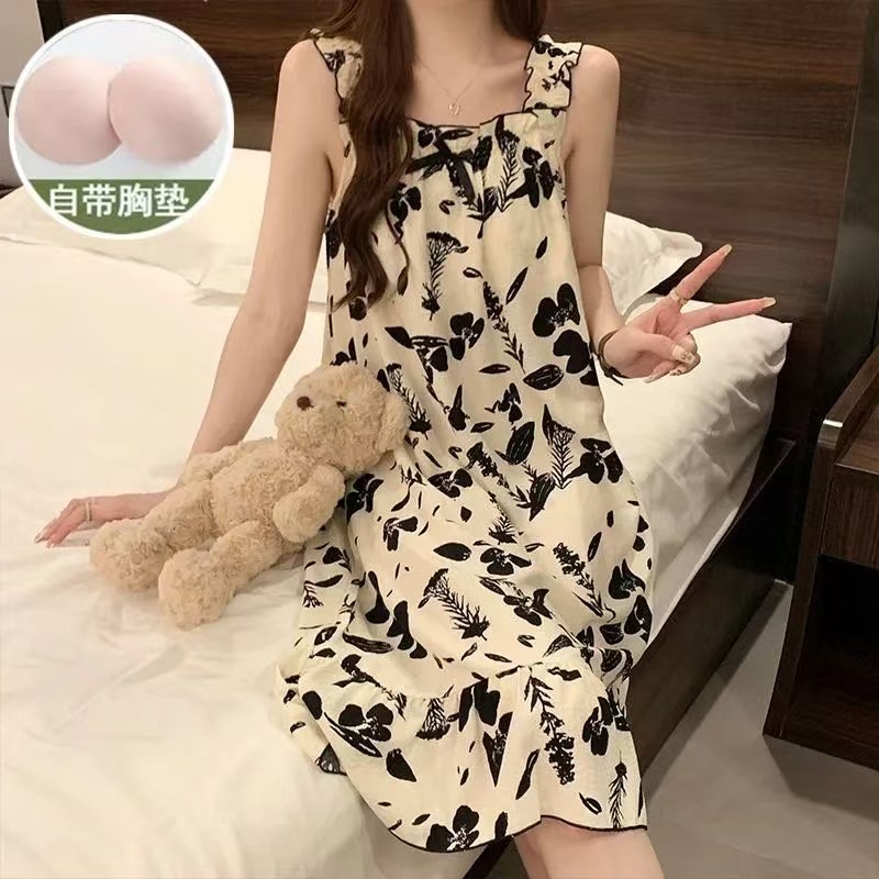Venta al por mayor transfronteriza con almohadilla para el pecho pijamas para mujer verano espuma camisón camisón ropa a domicilio dulce y linda almohadilla para el pecho desmontable