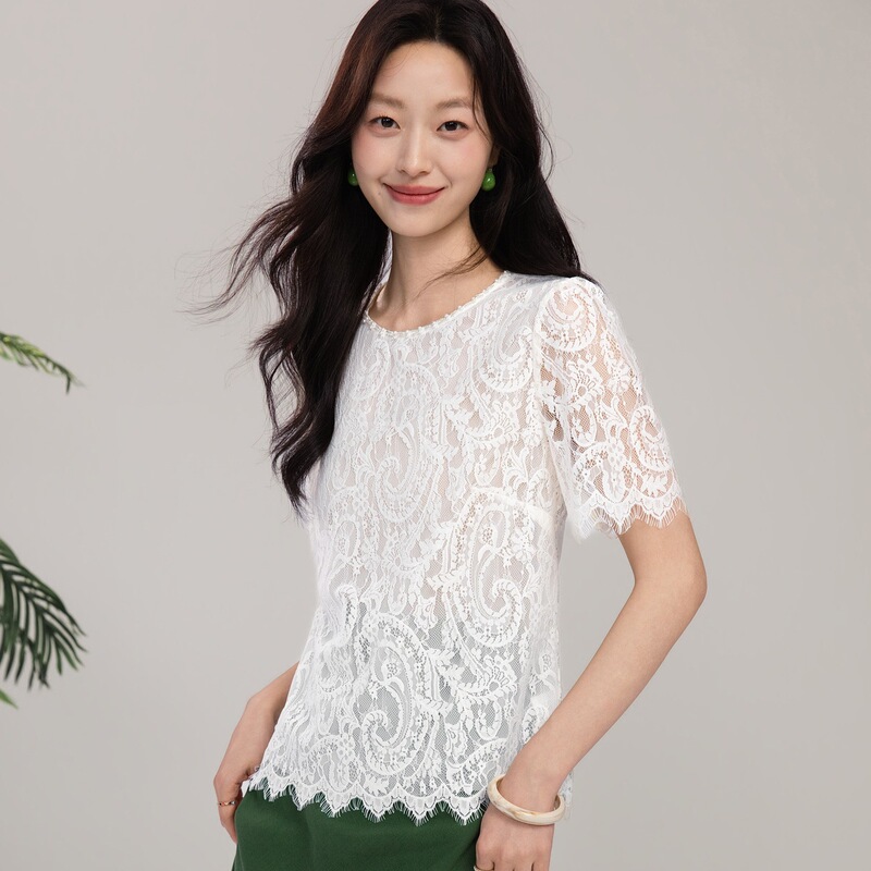 2026 New Summer Style Beige Lace Shirt Short-Sleeved Top for Women with Hollow Round Neck and Stylish Blouse 2852