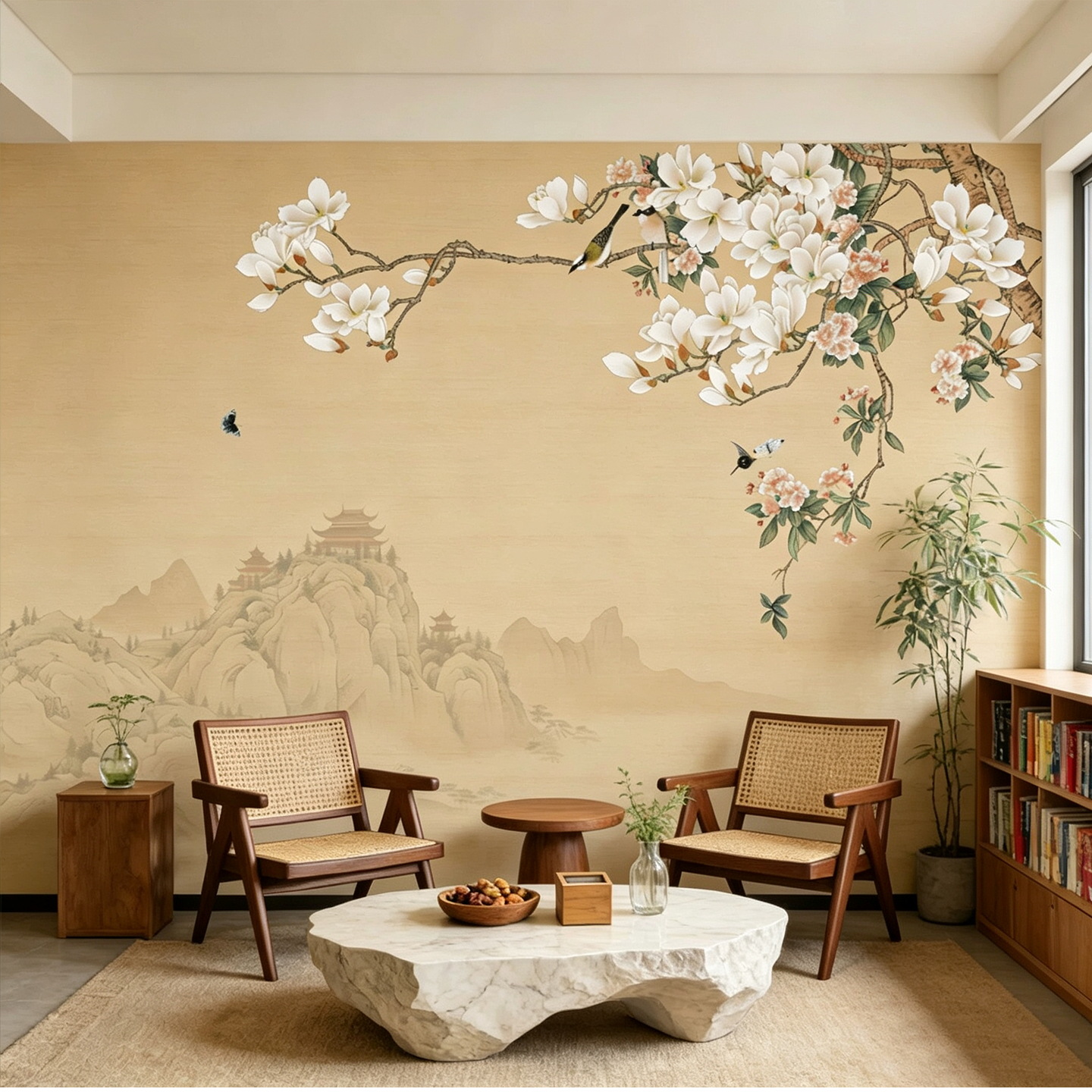 New Chinese-style hand-painted magnolia wallpaper for TV and sofa background, Zen-inspired floral and bird design for bedroom, tea room, and study room