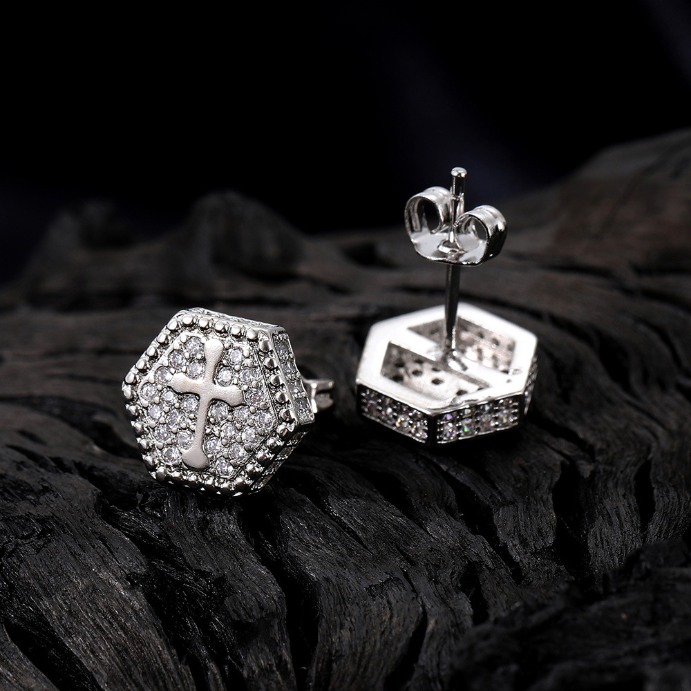 popular cross zircon hip hop earrings for men hexagonal gold plated full diamond hiphop earrings_voghion.com