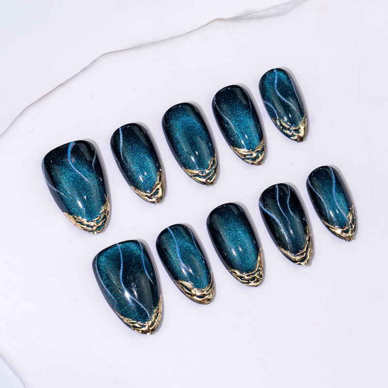 30 Pieces of Cross-Border Popular High-End Starry Blue Cat-Eye Almond-Shaped Press-On Nails with Exquisite Gold-Plated French Manicure Nail Tips